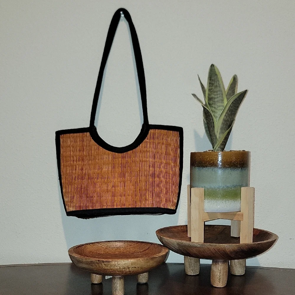 Tan and Black Woven Tote Bag with Structured Design